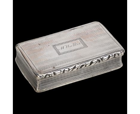 A William IV silver snuffbox, Francis Clark, Birmingham 1832, rectangular form with engine turned decoration, reeded side pan