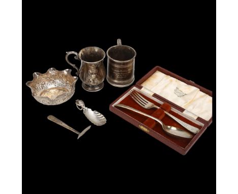Various silver and white metal, including Eastern bowl, Christening mug, tea caddy spoon, etc, 10.3oz totalLot sold as seen u