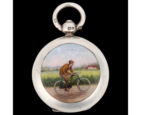 A Victorian silver and enamel 'Cyclist' sovereign case, maker's marks WHS?, Birmingham 1895, handpainted scene depicting male