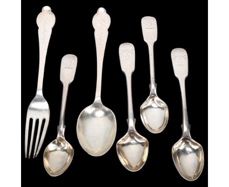 Various silver flatware, comprising 2 pairs of silver teaspoons, Exeter 1840 and 1865, and a christening fork and spoon set, 