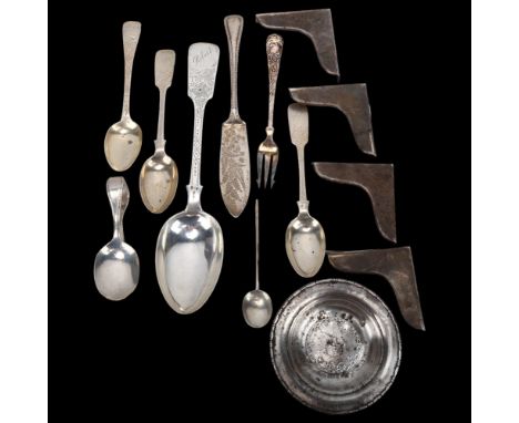 Various silver, including photo frame corner mounts, Edwardian serving spoon, Victorian teaspoons etc, 9.6oz totalLot sold as
