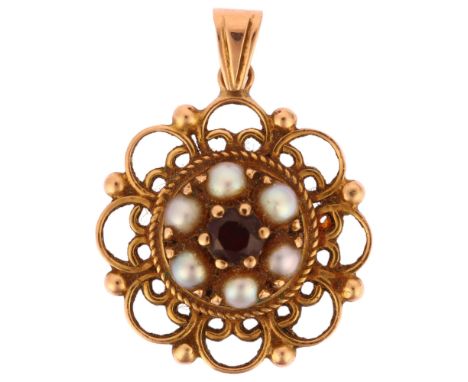 A 9ct gold garnet and pearl flowerhead cluster pendant, height 30.8mm, 4.7gNo damage or repairs, all stones present, light we