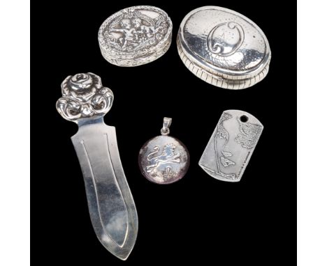 Various silver, including Scandinavian basket pillbox, Leo zodiac pendant, rose bookmark etc, bookmark length 10cm (5)Lot sol