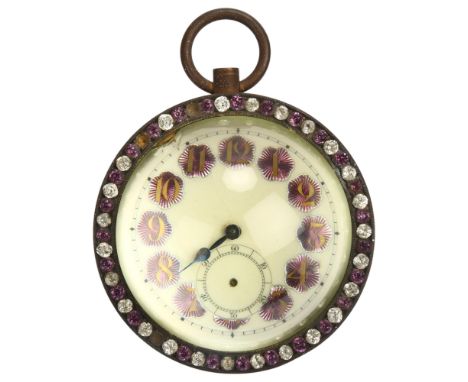 A large Victorian Goliath ball clock, white enamel dial with gilded lilac enamel Arabic hour markers, stone set bezel and dou