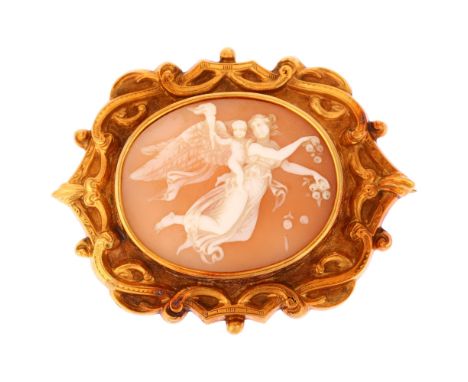 A Victorian shell cameo brooch, relief carved depicting Venus and Cupid, unmarked, engraved yellow metal frame, brooch length