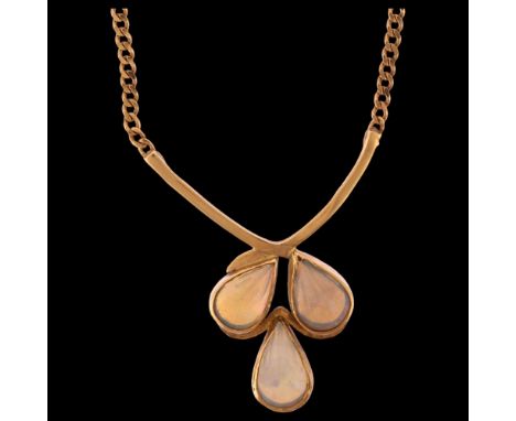 ANDRE NOIR - a bespoke 9ct gold opal droplet necklace, on 9ct flat curb link chain, pendant height 41.9mm, necklace length 46