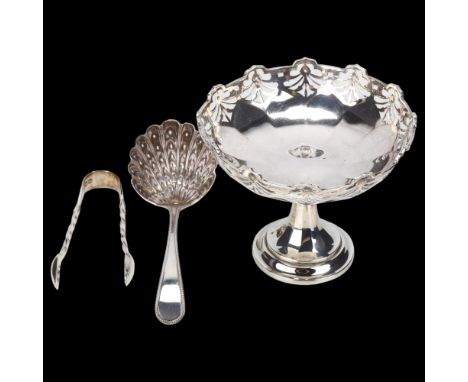 Various silver, comprising George V pedestal bonbon dish, shell sifter spoon and pair of sugar tongs, dish diameter 11cm, 4.9