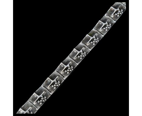 A Swedish brutalist silver abstract panel bracelet, maker OOG, band width 14.8mm, length 19cm, 39.5gNo damage or repair, ligh