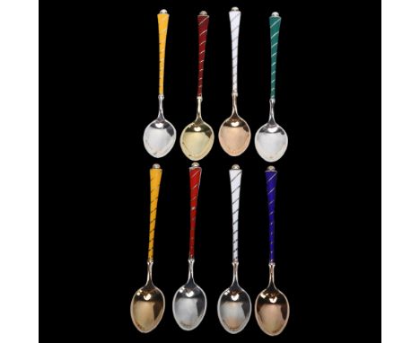 EGON LAURIDSEN - a set of 8 Danish vermeil sterling silver and harlequin enamel coffee spoons, length 9.5cm1 red enamel spoon