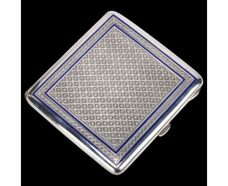 A German 800 silver and blue enamel cigarette case, square form with engine turned decoration and gilded interior, 9.5 x 9cm,