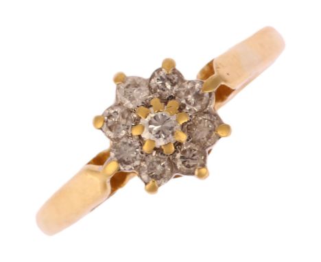 A late 20th century 18ct gold diamond flowerhead cluster ring, maker GJ, Birmingham 1988, set with modern round brilliant-cut