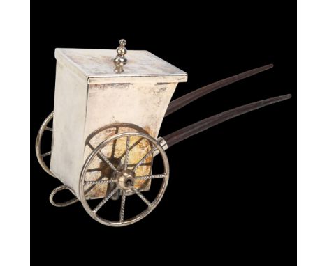 A Mexican sterling silver rickshaw tea caddy, with hardwood handles, hinged lid and gilt interior, height 10cm, 10.4oz grossB