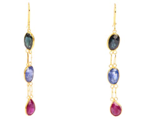A pair of vari-hue sapphire and ruby drop earrings, unmarked 14ct gold settings with shepherd hook fittings, earring height 4