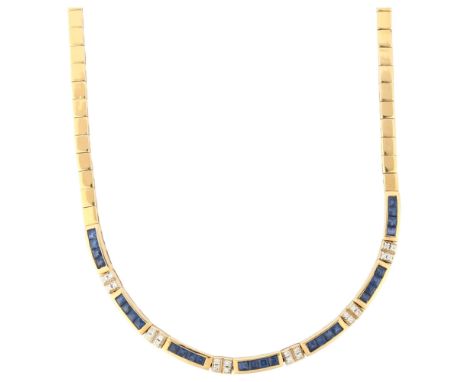 A 14ct gold sapphire and diamond collar necklace, square panels set with calibre-cut sapphires and modern round brilliant-cut