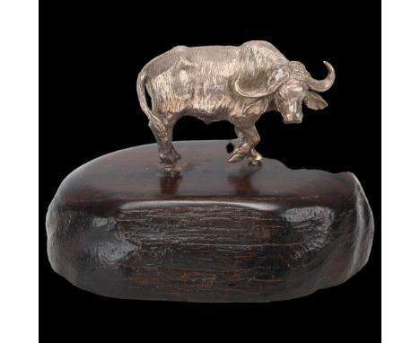 An African miniature silver model water buffalo, Patrick Mavros, 1996, on hardwood stand, base length 9cm, overall height 6cm