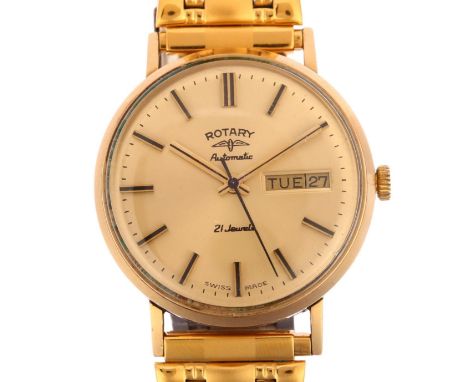 ROTARY - a 9ct gold automatic calendar bracelet watch, champagne dial with applied baton hour markers, sweep centre seconds h