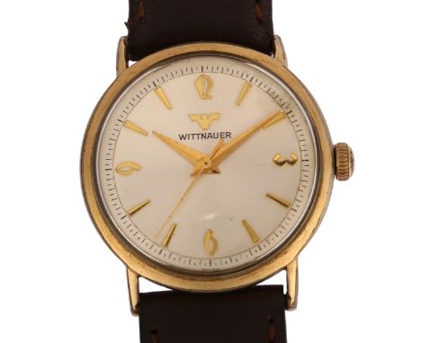 LONGINES WITTNAUER - a gold plated mechanical wristwatch, silvered dial with applied gilt quarterly Arabic numerals and sweep