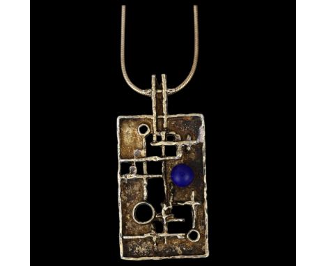 HERMANN SIERSBOL - a Danish brutalist gilded sterling silver and blue glass abstract pendant necklace, on gilded sterling sna