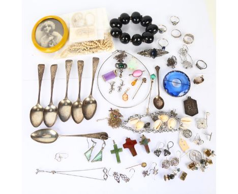 Various costume jewellery, including seed pearl necklace, silver spoons, neck torque etcLot sold as seen unless specific item