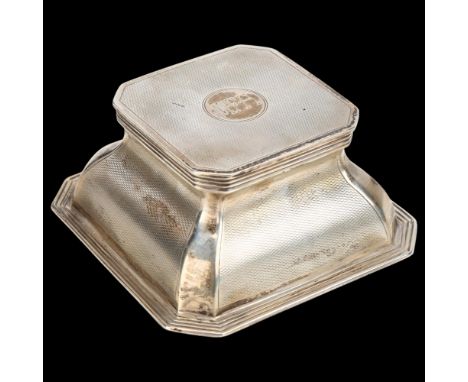 A George V silver desk inkwell, Hukin & Heath, Birmingham 1916, canted and shaped square form with allover engine turned deco