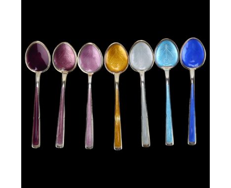 N M THUNE - a set of 7 Norwegian sterling silver and harlequin enamel coffee spoons, with floral enamel bowls, length 9.5cm4 