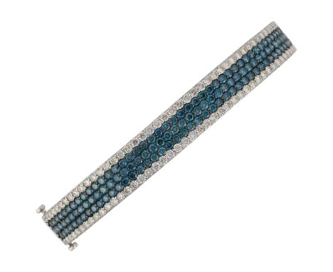 EFFY - an American 14ct white gold Bella Bleu blue diamond and diamond hinged bangle, pave set with modern round brilliant-cu