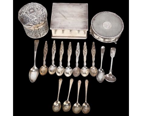 Various silver, including dressing table jar, set of 7 American sterling floral teaspoons, cigarette box etc, 7.4oz weighable