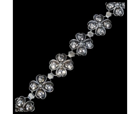 JORGEN KJAER POULSEN - an Art Deco Danish stylised silver heart 4-leaf clover panel bracelet, band width 24.2mm, length 20cm,