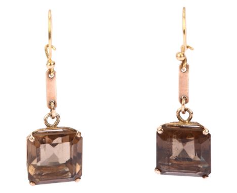 A pair of 9ct gold smoky quartz drop earrings, set with square step-cut quartz and shepherd hook fittings, earring height 39.