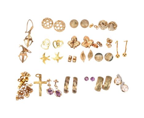 A quantity of earrings, comprising 9ct gold (7.5g gross), and unmarked yellow metal (6.5g gross)Lot sold as seen unless speci