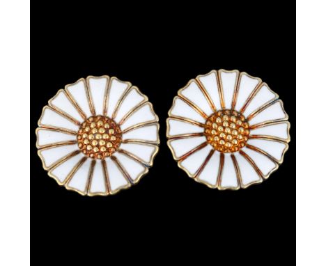 ANTON MICHELSEN - a pair of Danish vermeil sterling silver and white enamel daisy pattern clip-on earrings, diameter 24.4mm, 