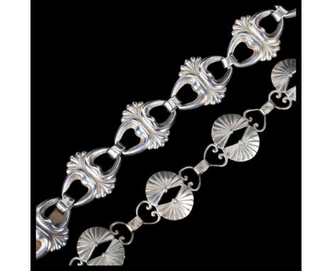 2 Art Deco Danish silver panel bracelets, including fan example by E Arvig, lengths 21cm and 18cm, 61.3g total (2)No damage o