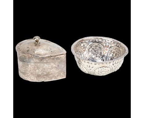 An Indian silver teardrop trinket box and cover, and a Continental silver plated bowl, diameter 7cm (2)Lot sold as seen unles