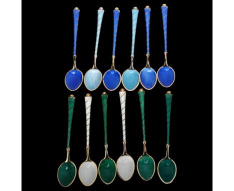 EGON LAURIDSEN - a set of 12 Danish vermeil sterling silver and harlequin enamel coffee spoons, with enamel bowls, length 9.5