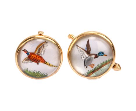 A pair of Victorian 14ct gold Essex crystal 'Hunting' cufflinks, reverse hand-painted panels on mother-of-pearl backings depi