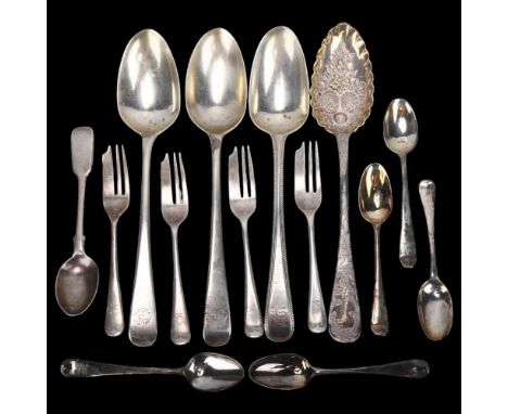 Various silver flatware, including pair of George III serving spoons, George III berry spoon, etc, 13.5oz totalLot sold as se