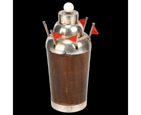 An Art Deco German novelty silver-mounted hardwood 'Golfing' cocktail stick set, circa 1930, modelled as a cocktail shaker wi