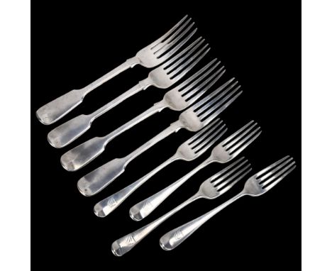 A group of George III and Victorian silver Old English and Fiddle pattern flatware, comprising 4 x dinner forks and 4 x desse