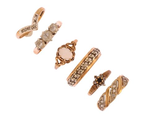 6 x 9ct gold stone set rings, sizes E, I, K, L, N and O, 10.2g gross (6)Wishbone example has been cut, all stones present, ri