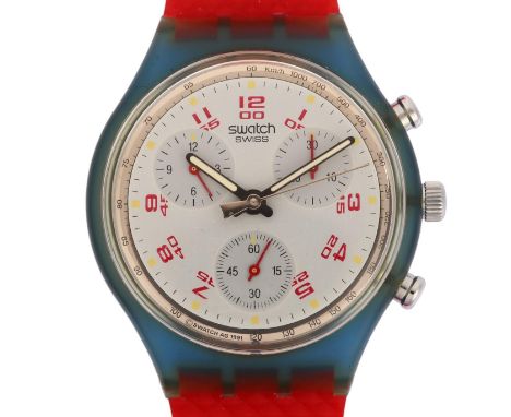 SWATCH - a plastic Chrono JFK quartz chronograph wristwatch, ref. FCN103, circa 1992, white dial with red Arabic numerals, 3 