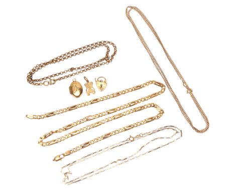 Various 9ct gold jewellery, including figaro link necklace (A/F), heart padlock clasp, photo locket pendant etc, 25.1g grossL