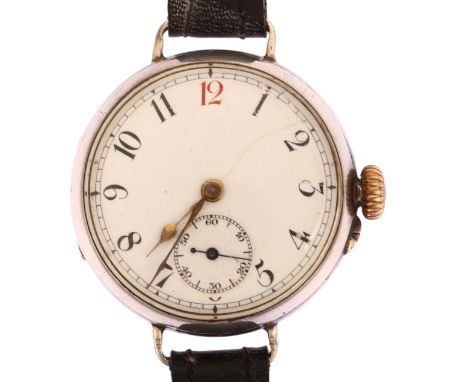 A First World War Period silver Officer's style trench mechanical wristwatch, circa 1914, white dial with red and black Arabi