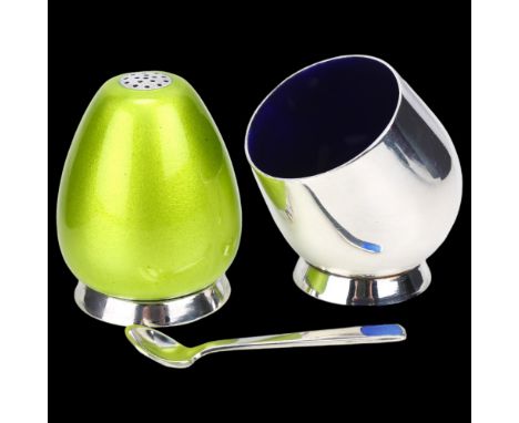ANTON MICHELSEN - a Danish stylised sterling silver and polychrome enamel cruet set, comprising green pepperette, blue scuttl