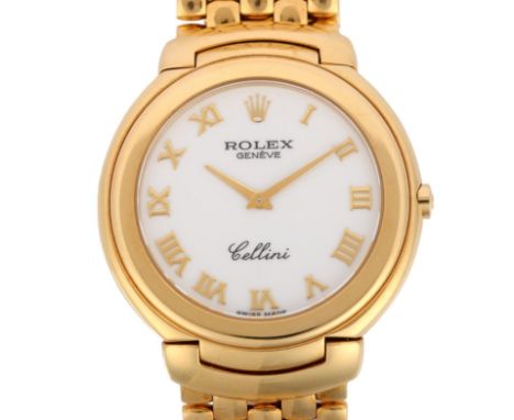 ROLEX - an 18ct gold Cellini quartz bracelet watch, ref. 6623, circa 1990, white dial with applied gilt Roman numerals, lance