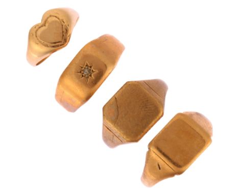 4 x 9ct gold signet rings, including heart example, sizes approx H, Q, R and U, 15g total (4)Largest has cut shank, diamond e
