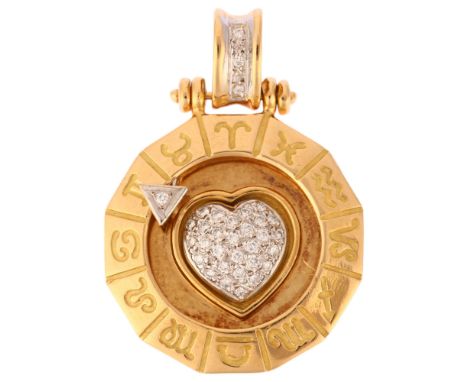 GEMAYEL - a Lebanese 18ct gold diamond zodiac pendant, with modern round brilliant-cut diamond heart and adjustable diamond a