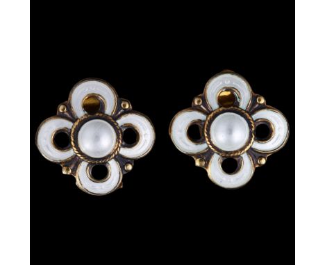 DAVID ANDERSEN - a pair of Norwegian vermeil sterling silver and white enamel flowerhead clip-on earrings, height 13.4mm, 2.5