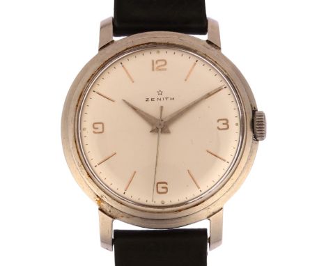 ZENITH - a Vintage stainless steel mechanical wristwatch, silvered dial with quarterly Arabic hour markers and sweep centre s