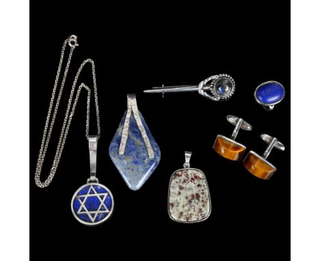 Various Continental silver stone set jewellery, including pair of tigers eye cufflinks, granite pendant, labradorite brooch e