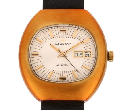 HAMILTON - a gold plated stainless steel Electronic quartz calendar wristwatch, silvered dial with applied gilt baton hour ma